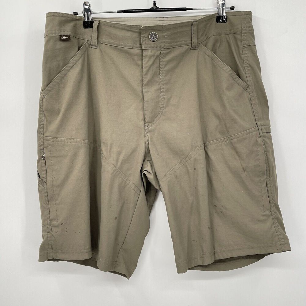Kuhl 36 Cargo Shorts Mens Khaki Tan Outdoor Utility Hiking Rugged Stained